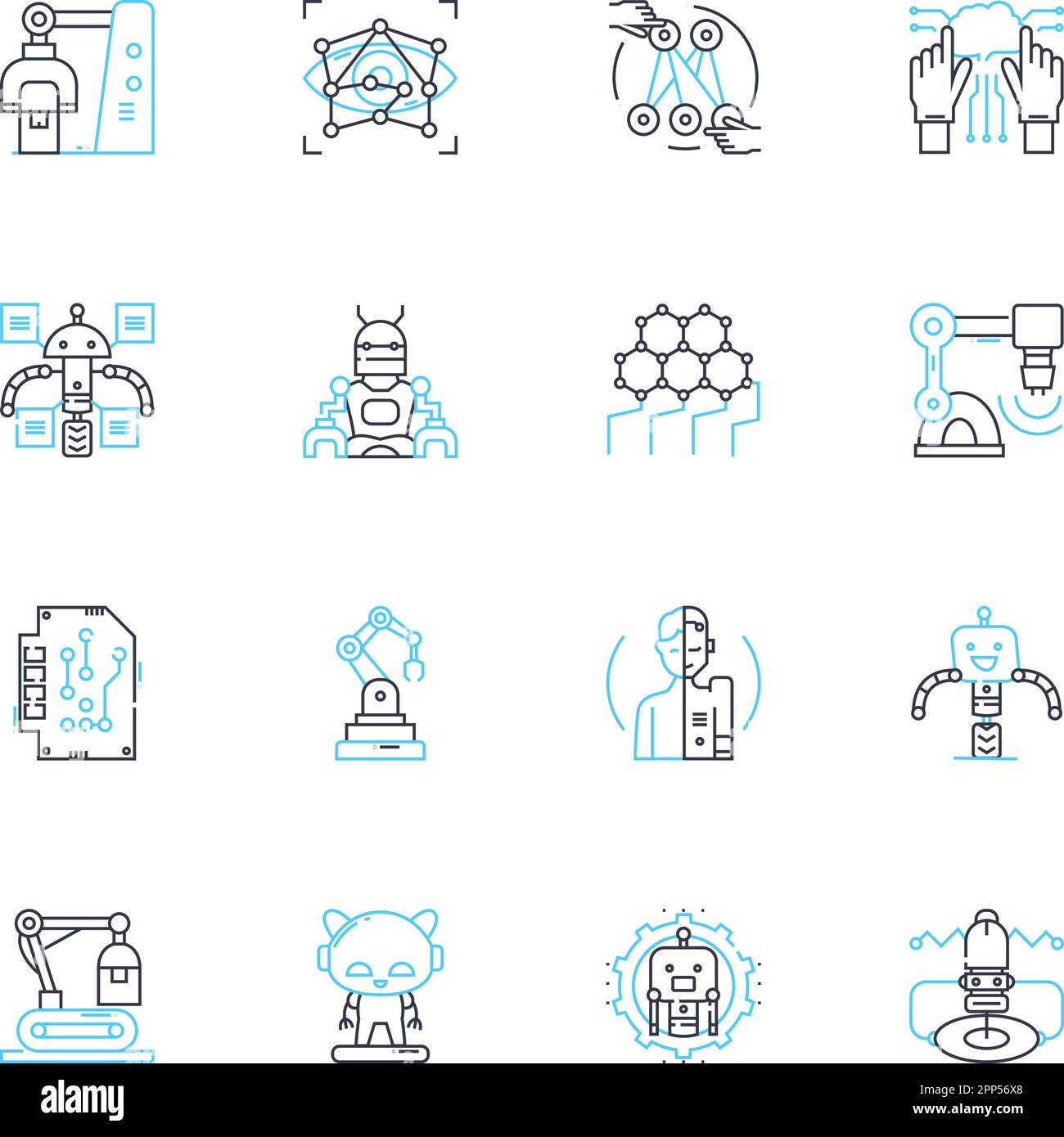 Lineares Symbolset für maschinelles Lernen. Klassifizierung, Regression, Clustering, Nerven, Deep Learning, Überwachtes Lernen, Nicht Überwachtes Lernen Stock Vektor