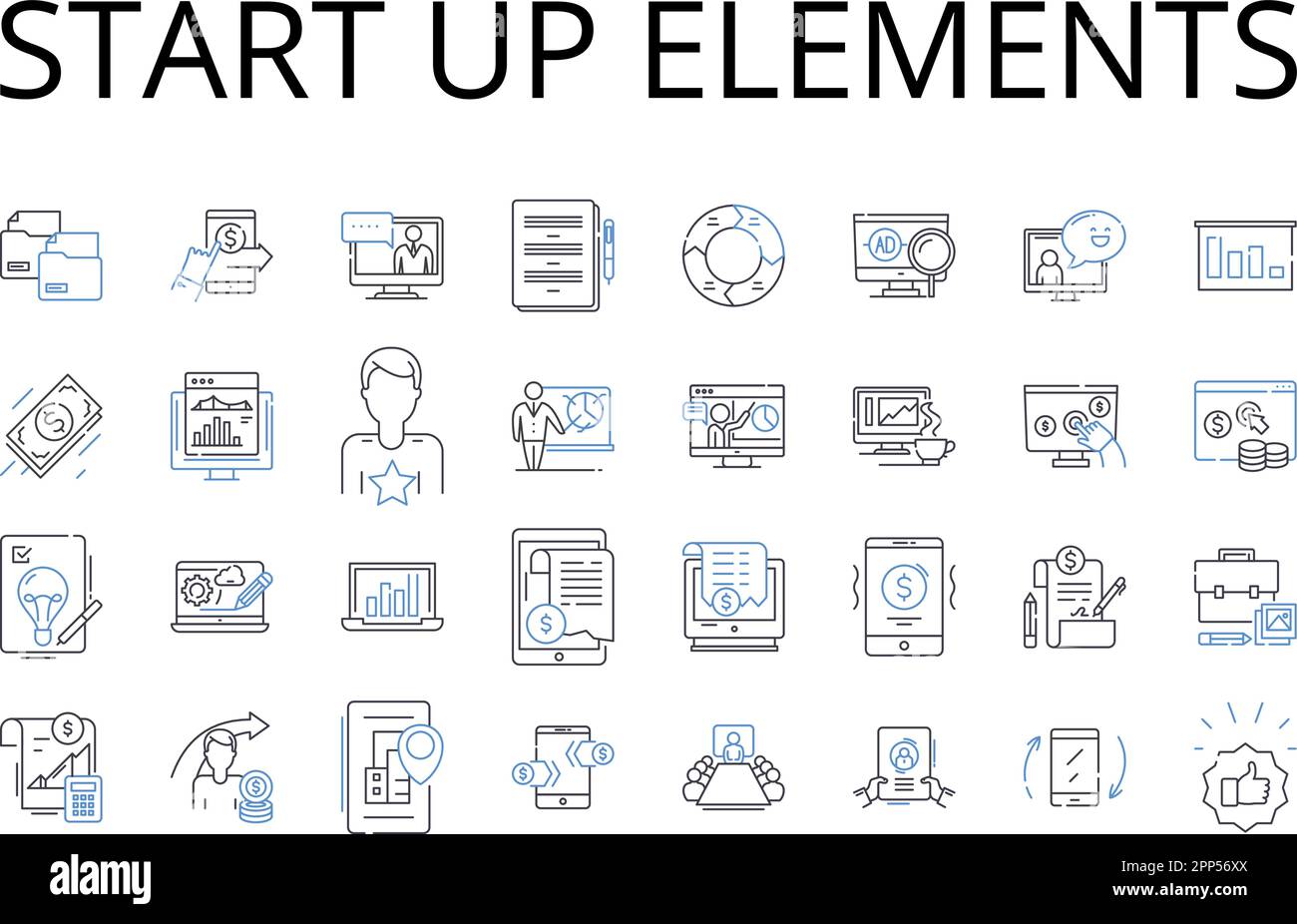 Starten Sie die Sammlung der Liniensymbole für Elemente. Unternehmensstart, Anfangsphase, Betriebsbeginn, Anfangsphase, Primärphase, Starterkit, Öffnen Stock Vektor