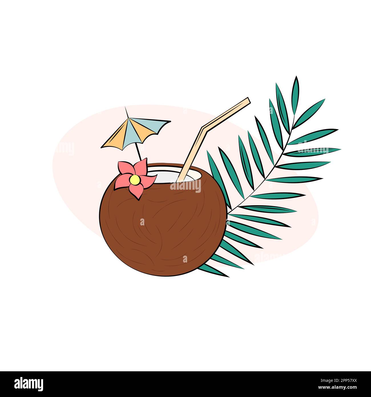 Kokosmilch-Cocktail isoliert. Süße Sommerferiengetränke. Frisches tropisches Getränk und Palmenblätter. Konturvektordarstellung der braunen Kokosnuss mit Stock Vektor