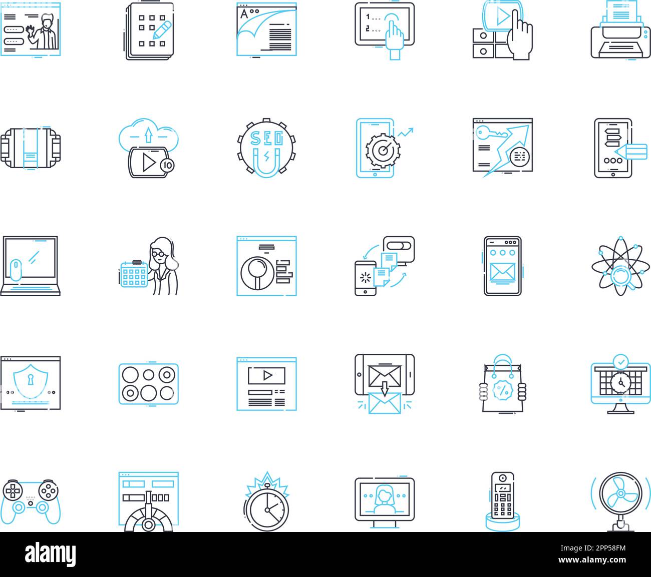 Künstliches Lernen mit linearen Symbolen. Neuronale, Maschinelle, Intelligenz, Überwacht, Unbeaufsichtigt, Bewehrung, Deep Line Vector und Concept Signs Stock Vektor