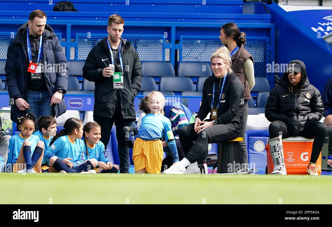 Chelsea Millie ist vor dem Halbfinale der UEFA Women's Champions League auf der ersten Etappe auf der Stamford Bridge, London. Foto: Samstag, 22. April 2023. Stockfoto