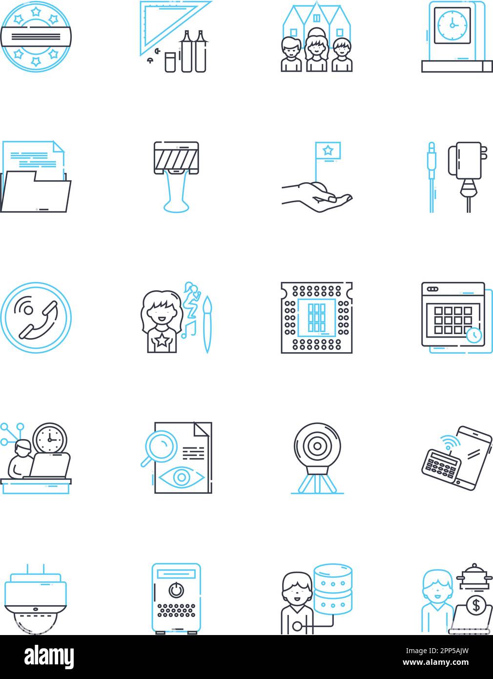 Faxgerät - Lineare Symbole eingestellt. Kommunikation, Fax, Technologie, Telekommunikation, Büro, Papiere, Überleitungsvektor und Konzeptschilder. Verstanden Stock Vektor