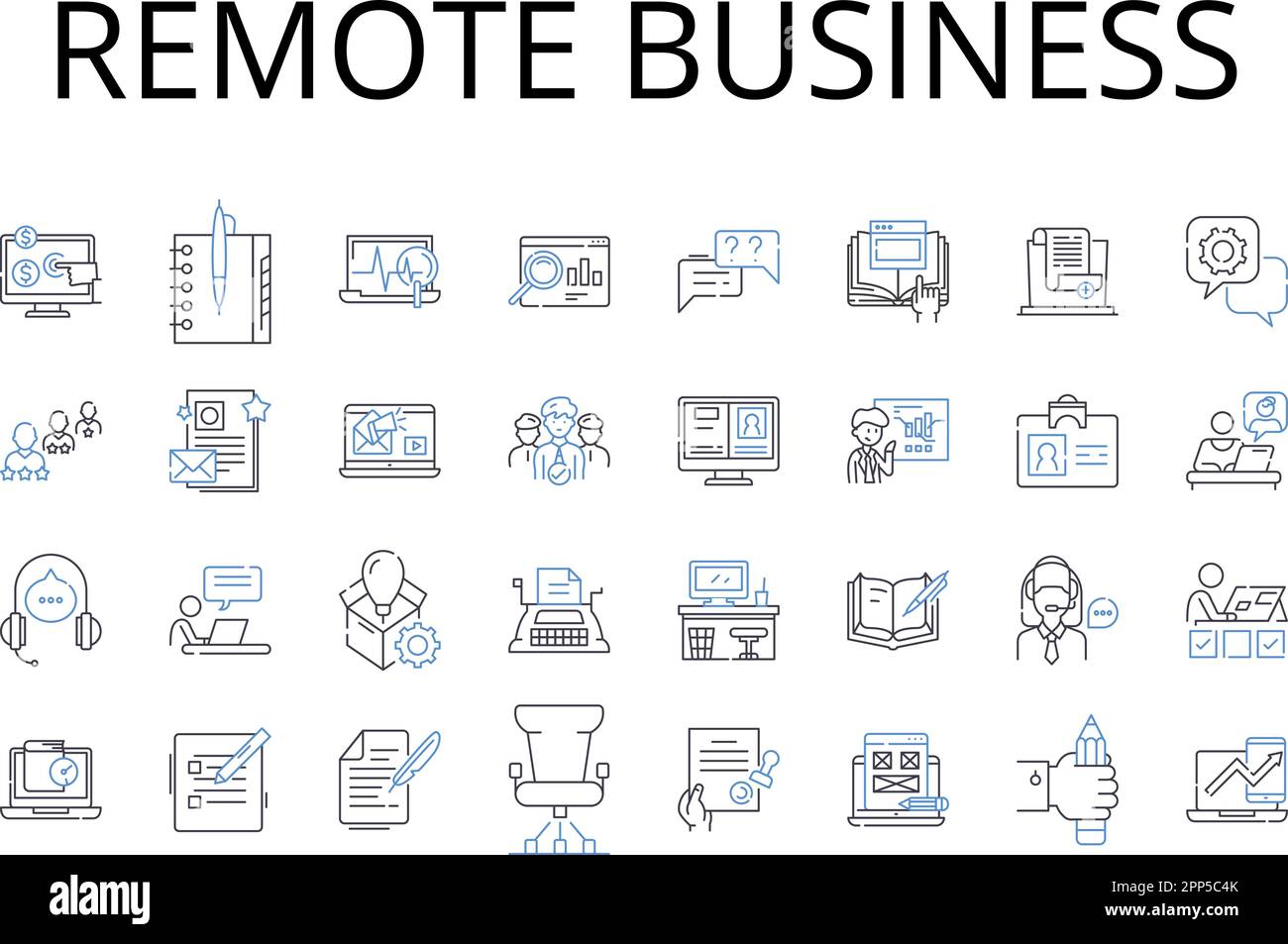 Symbolsammlung für Remote-Geschäftsbereiche. Fernhandel, isolierter Handel, virtuelles Unternehmen, entfernte Industrie, weit entfernte Wirtschaft, Getrennt Stock Vektor