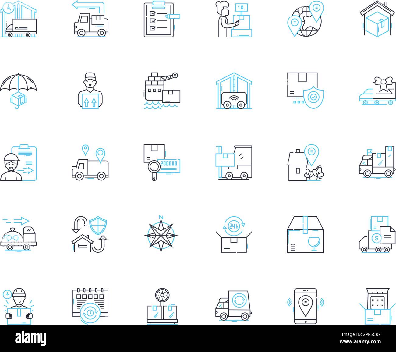 Lineare Symbole für Frachtzustellung eingestellt. Logistik, Versand, Fracht, Transport, Versand, Vektor- und Konzeptschilder für Versand, Transport und Leine. Lieferung Stock Vektor