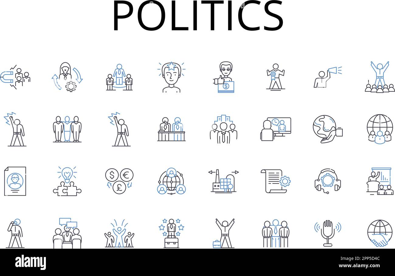 Sammlung von Symbolen für politische Linien. Regierungsangelegenheiten, Staatliche Angelegenheiten, Öffentliche Angelegenheiten, Bürgergesellschaft, Politikwissenschaft, Nationales Interesse, Politik Stock Vektor