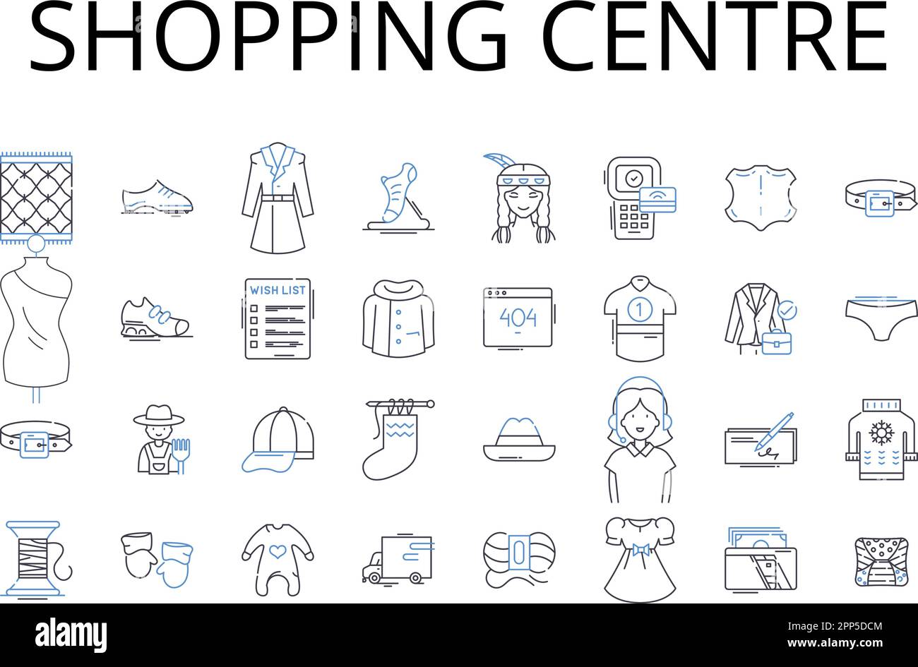 Ikonensammlung der Shopping Center Line. Einzelhandelskomplex, Marketplace, Mall plaza, Trade Center, Basar Hub, Handelsviertel, kommerzielle Enklave Stock Vektor