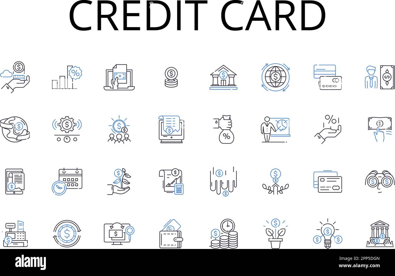 Symbolsammlung für Kreditkartenlinien. Debitkarte, Bankkonto, Zahlungsmethode, Plastic My, Kreditlinie, Zinssatz, bargeldloser Zahlungsvektor und Stock Vektor