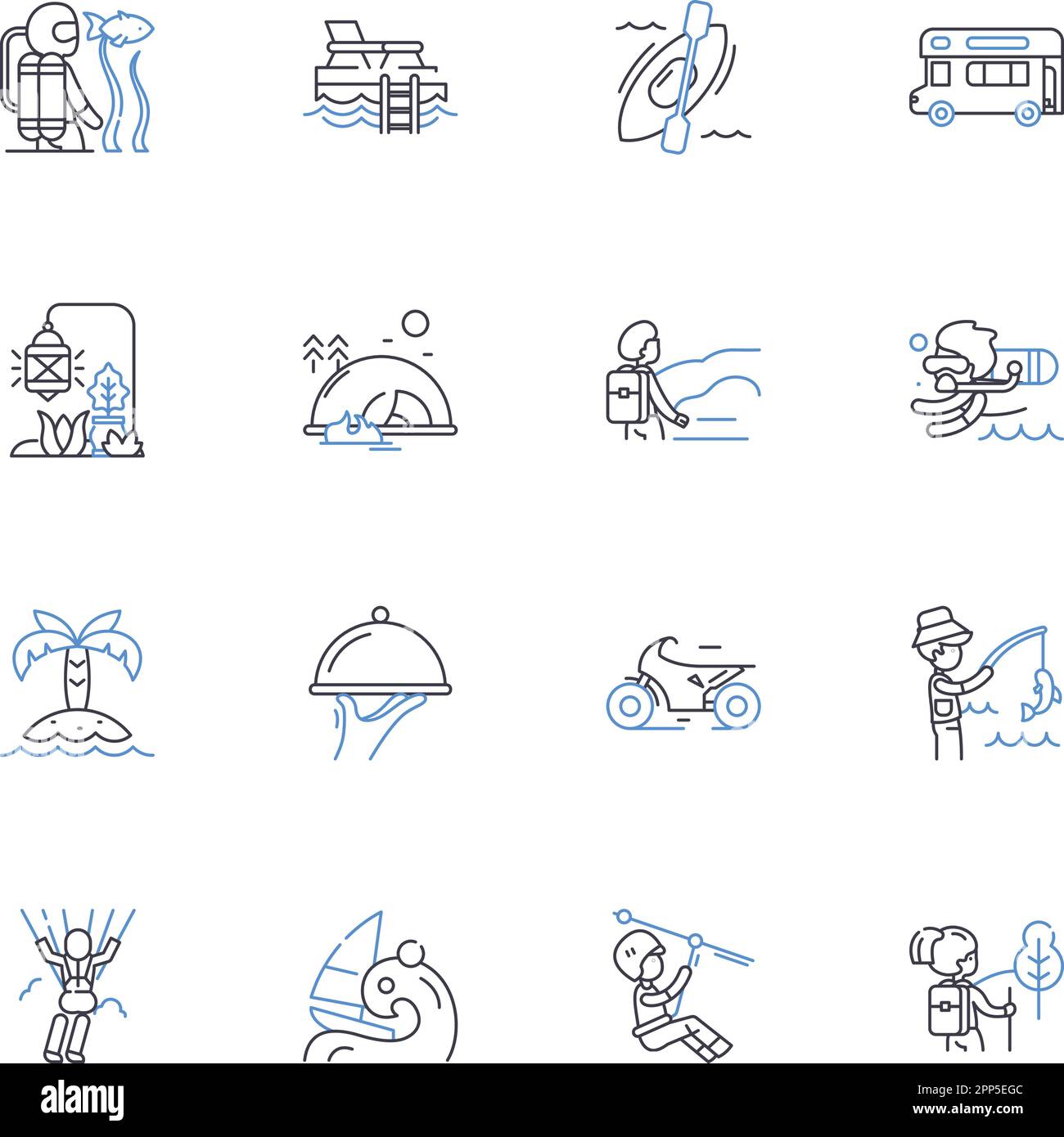 River Rafting Line Icons Kollektion. Stromschnellen, Paddeln, Abenteuer, Nervenkitzel, Neoprenanzug, Ströme, Sprühvektor und lineare Darstellung. Wasserfall Stock Vektor