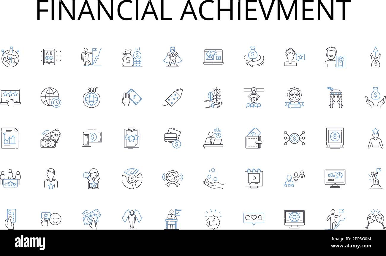 Symbolsammlung für die Linie „finanzielle Errungenschaften“. Voyager, Frontier, Discovery, Uncharted, Odyssey, Kosmonaut, Expeditionsvektor und lineare Darstellung Stock Vektor