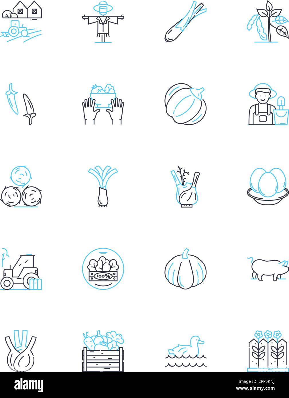 Grüne Landwirtschaft, lineare Symbole gesetzt. Nachhaltig, organisch, umweltfreundlich, biodynamisch, Permakultur, Natürliche, regenerative Linienvektor- und Konzeptzeichen Stock Vektor