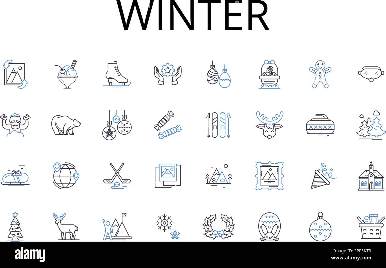 Winter Line Icons Kollektion. Frost, Kälte, Bitterkeit, Kälte, Graupel, Erstarrung, Eisvektor und lineare Darstellung. Verschneit, winterlich, Hailst Umriss Stock Vektor