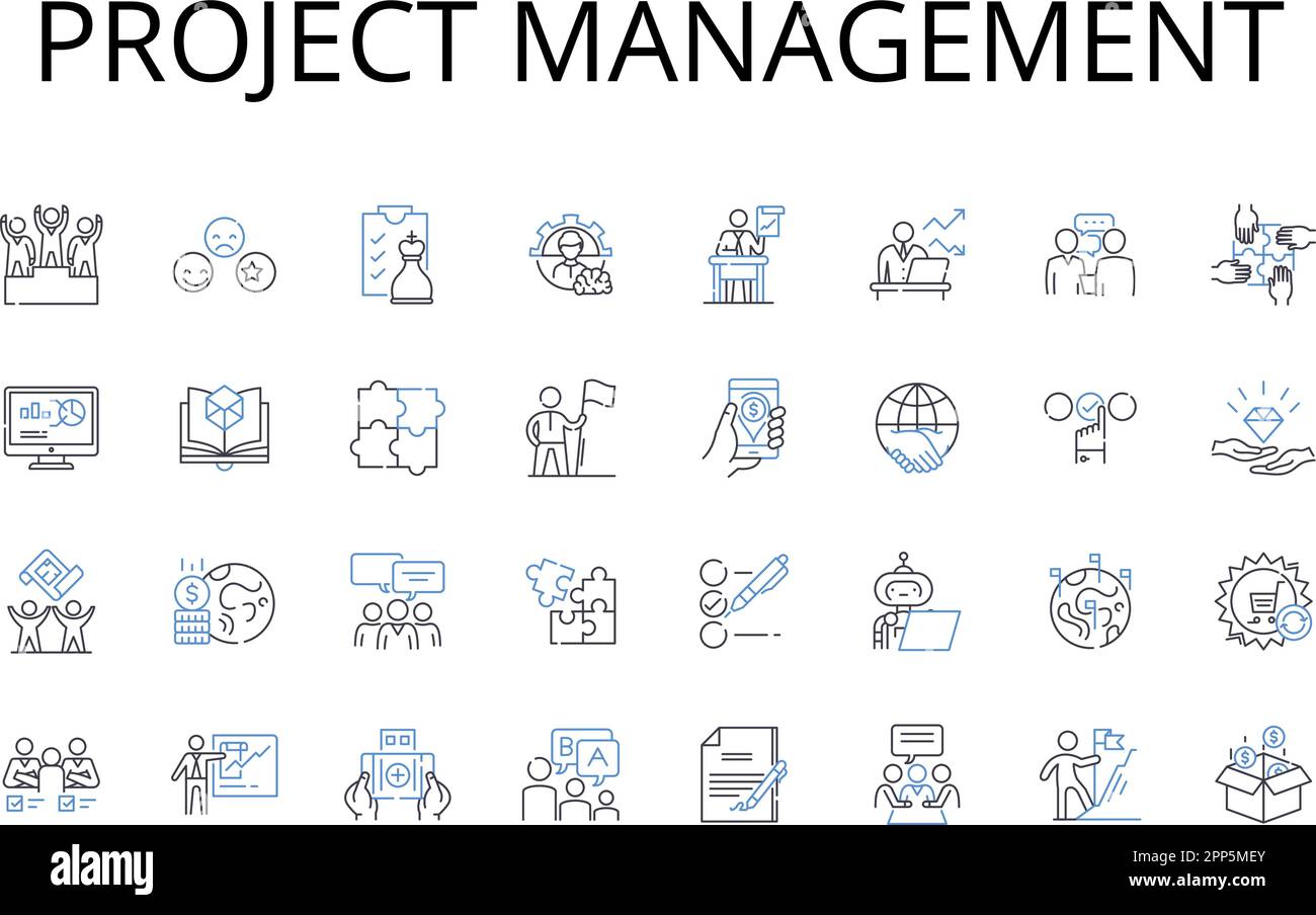 Symbolsammlung für Projektmanagement-Linien. Zeitmanagement, Ressourcenzuweisung, Teamführung, Budgetkontrolle, Risikobewertung, Koordination von Veranstaltungen Stock Vektor