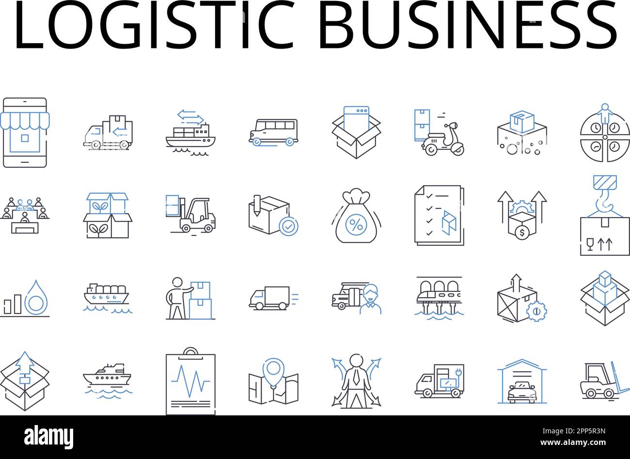 Symbolsammlung für logistische Geschäftsbereiche. Lieferkettenmanagement, Vertriebssystem, Transportdienste, Flottenmanagement, Lagerhaltung Stock Vektor