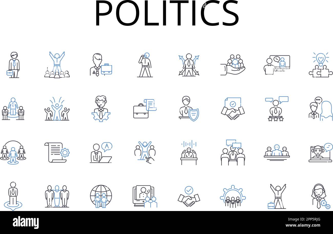 Sammlung von Symbolen für politische Linien. Regierungsangelegenheiten, Staatliche Angelegenheiten, Öffentliche Angelegenheiten, Bürgergesellschaft, Politikwissenschaft, Nationales Interesse, Politik Stock Vektor