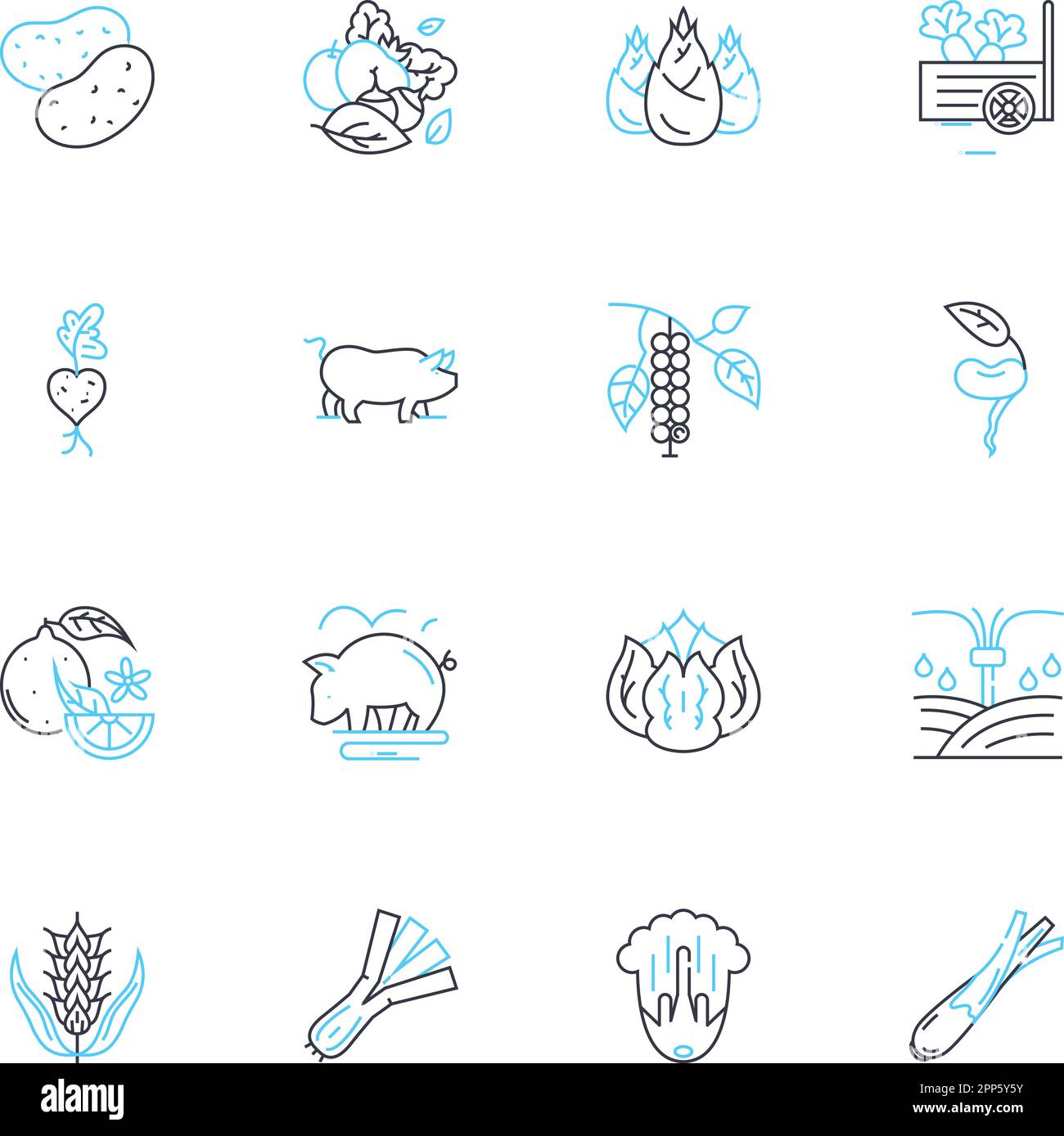 Grüne Landwirtschaft, lineare Symbole gesetzt. Nachhaltig, organisch, umweltfreundlich, biodynamisch, Permakultur, Natürliche, regenerative Linienvektor- und Konzeptzeichen Stock Vektor