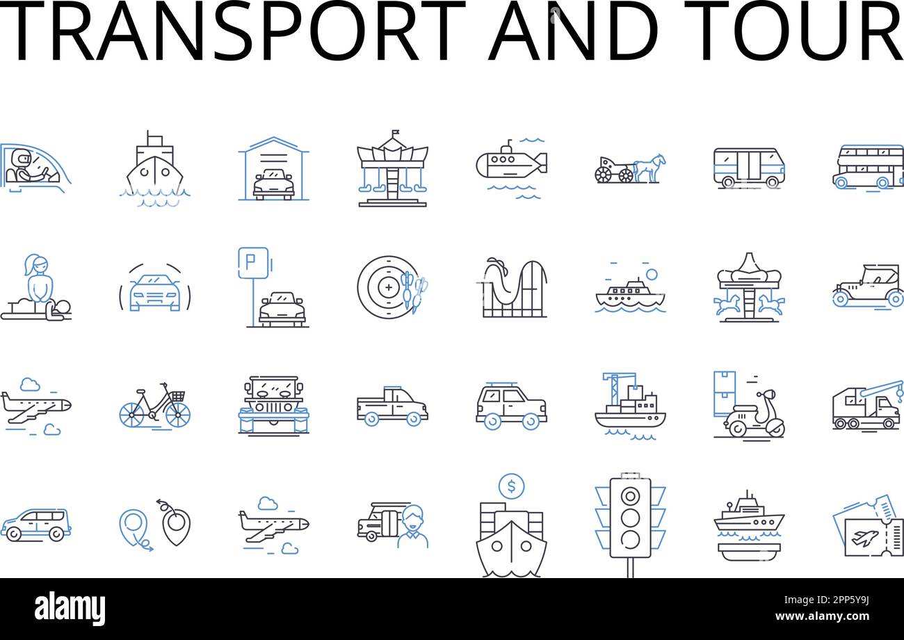 Symbolsammlung für Transport und Tour. Pendelweg, Reise, Reise, Exkursion, Expedition, Reise, Passagevektor und lineare Darstellung. Transit Stock Vektor