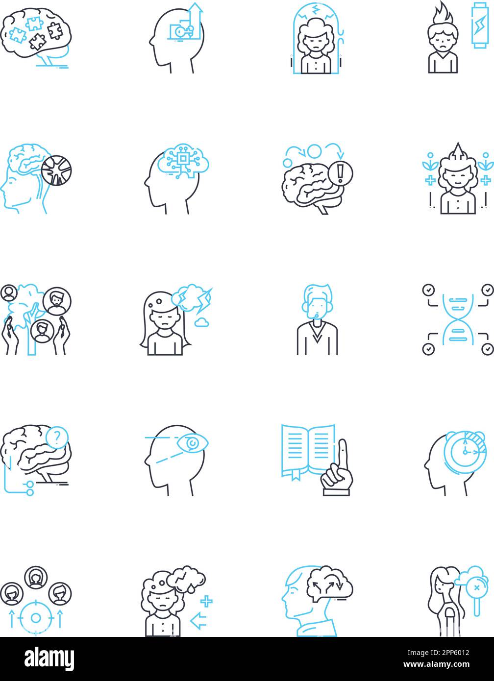 Psychologisches Denken, lineare Symbole gesetzt. Kognition, Wahrnehmung, Emotionen, Verhalten, Determinismus, Mindset, Self-Reflection Line Vector und Concept Signs Stock Vektor