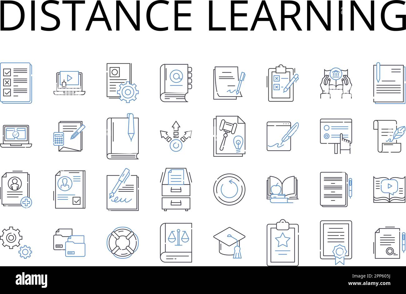 Symbolsammlung für Distanz-Lernlinien. E-Learning, virtuelle Bildung, Online-Unterricht, Fernunterricht, webbasierte Schulung, Digitaler Lehrplan Stock Vektor