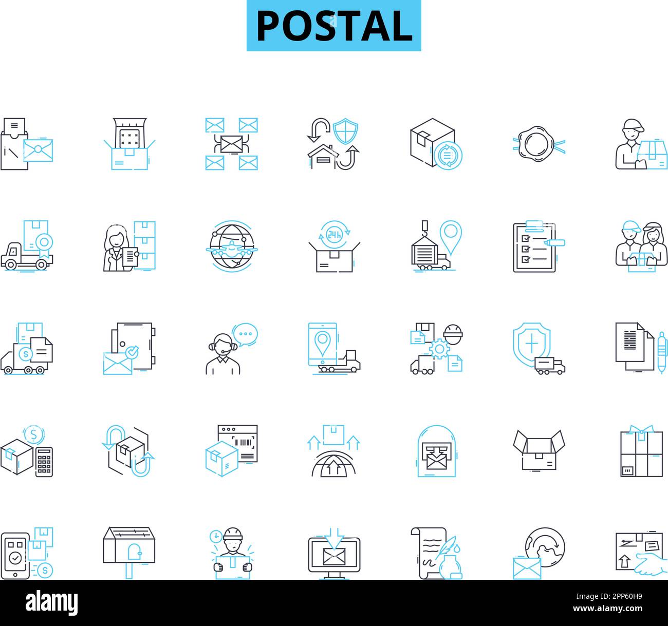 Lineare Symbole für Postleitzahlen festgelegt. Briefumschläge, Pakete, Briefmarken, Briefkästen, Poststempel, Kurierfahrer-Linienvektor und Konzeptschilder. Lieferung, Postkarten Stock Vektor