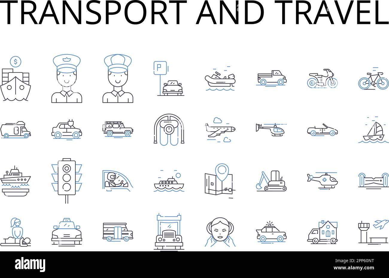 Symbolsammlung für Transport- und Reisewege. Arbeitsweg, Reise, Mobilität, Pilgerfahrt, Transfer, Exkursion, Expeditionsvektor und lineare Darstellung Stock Vektor