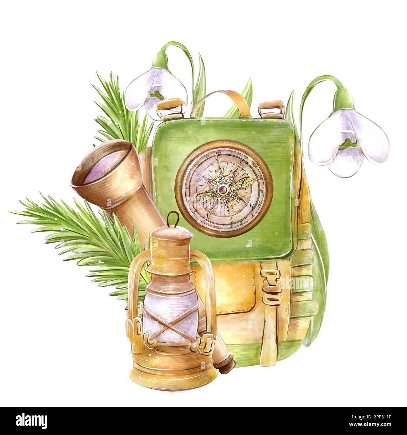 Camping, Aquarell-Komposition auf weißem Hintergrund: Touristenrucksack, Fernglas, Kompass, Kerosin-Lampe. Konstruktionselement. Stockfoto