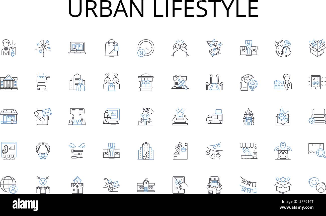 Urbane Lifestyle Line Icons Kollektion. Förderung, Entwicklung, Fortschritt, Wachstum, Verbesserung, Expansion, Leistungsvektor und lineare Darstellung Stock Vektor