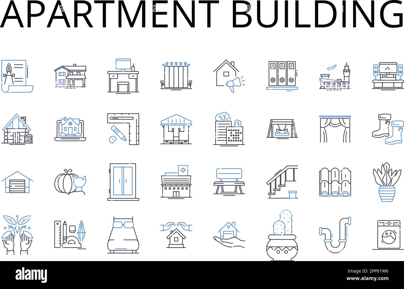 Symbolsammlung für Wohnungsbaulinien. Büroblock, Hotelbetrieb, Einkaufskomplex, Wohnblock, Geschäftsgebäude, Eigentumswohnung Stock Vektor