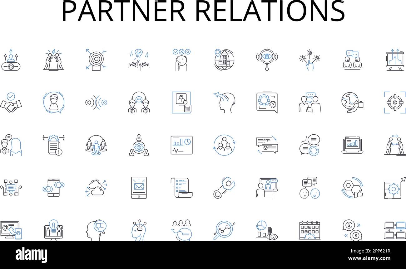 Sammlung der Zeilensymbole für Partnerbeziehungen. Visionär, Unternehmerisch, Innovativ, Strategisch, Belastbar, Einflussreich, Charismatischer Vektor und linear Stock Vektor