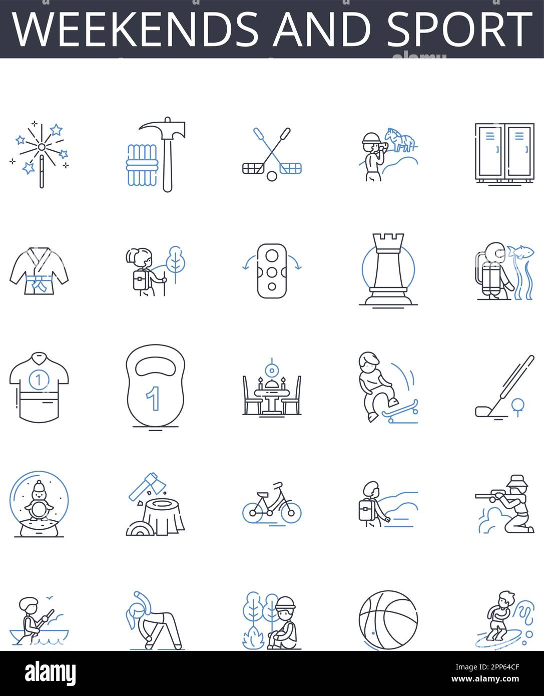 Wochenenden und Sport Line Icons Kollektion. Samstags und sportliche Aktivitäten, sonntags und körperliche Erholung, Wochenend- und Outdoor-Spiele, Ruhetage und Stock Vektor