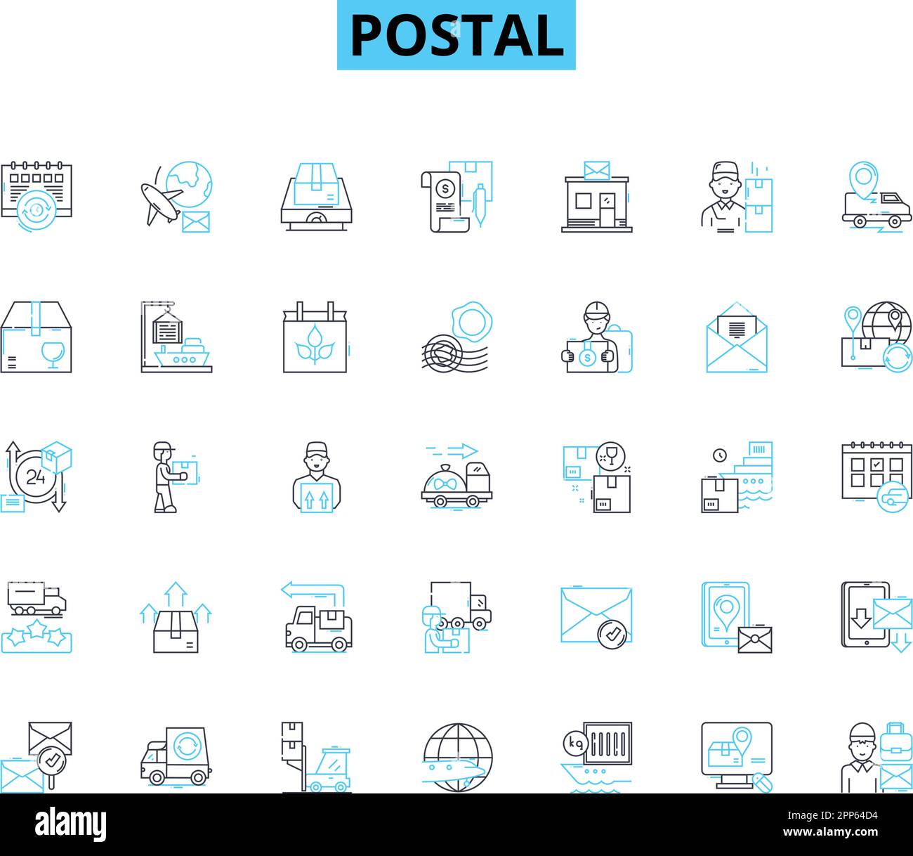 Lineare Symbole für Postleitzahlen festgelegt. Briefumschläge, Pakete, Briefmarken, Briefkästen, Poststempel, Kurierfahrer-Linienvektor und Konzeptschilder. Lieferung, Postkarten Stock Vektor