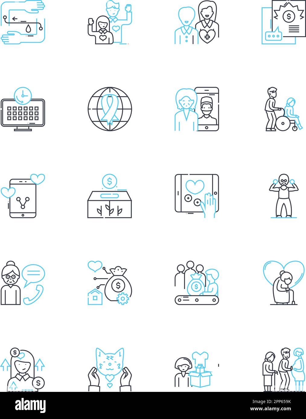 Lineare Symbole für Philanthropie gesetzt. Großzügigkeit, Humanitarismus, Altruismus, Geben, Freundlichkeit, Mitgefühl, Charity-Line-Vektor und Konzeptzeichen. Einfühlungsvermögen Stock Vektor