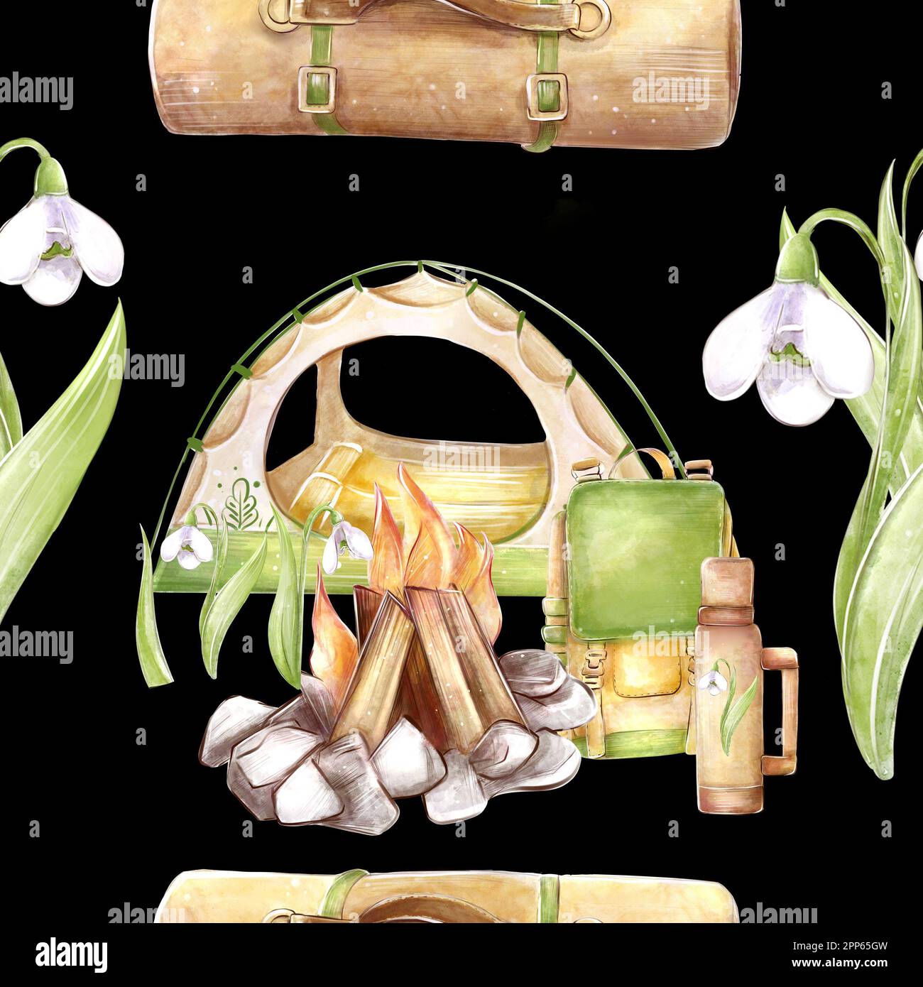 Camping, Tourismus, Wandern. Nahtloses Muster auf schwarzem Hintergrund. Aquarellzeichnung. Um Verpackungsdesign, Textilien, Schrott zu erstellen. Stockfoto