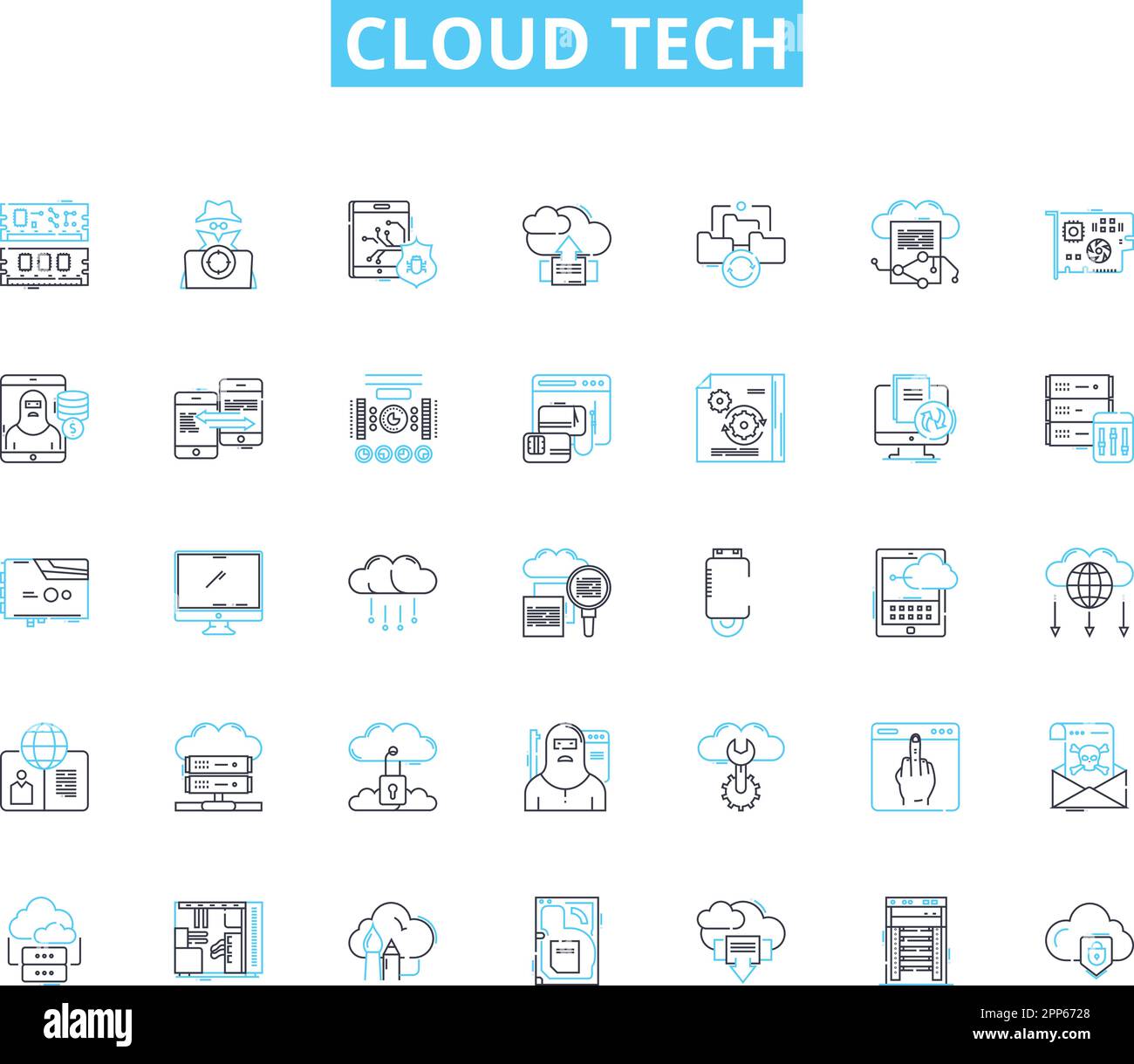 Lineare Symbole für Cloud-Technik festgelegt. Virtualisierung, Infrastruktur, Computing, SaaS, PaaS, IaaS, Vektor- und Konzeptschilder für Speicherleitungen. Sicherheit, Integration Stock Vektor