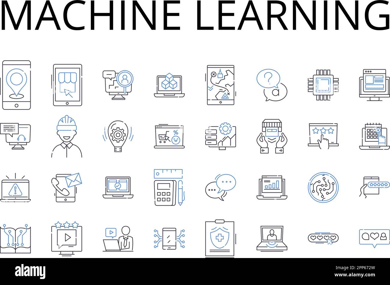 Symbolsammlung für Machine Learning Line. Künstliche Intelligenz, Automatisiertes Lernen, Data Mining, Datenanalyse, Deep Learning, Natürliche Sprache Stock Vektor