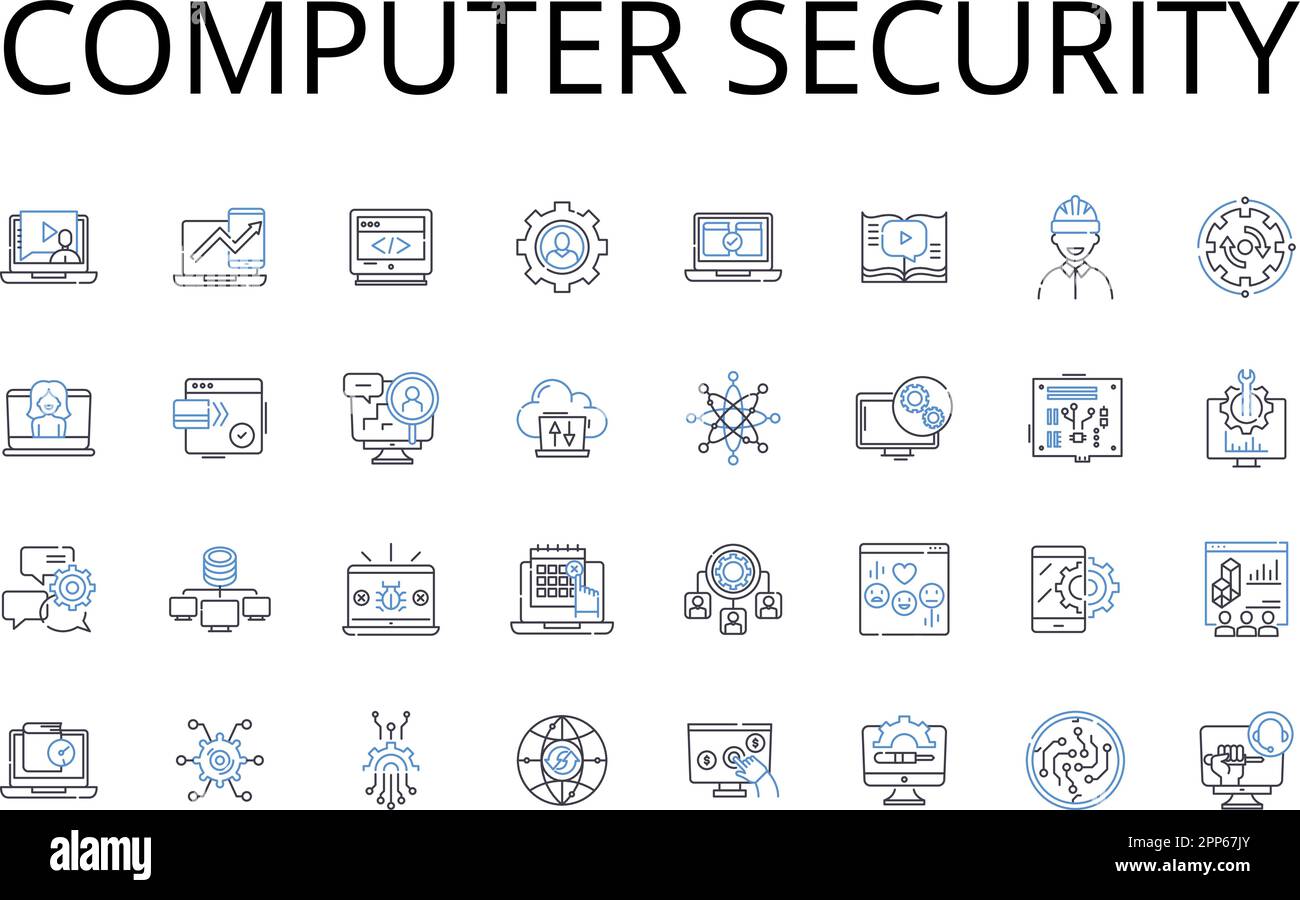 Zeilensymbole für Computersicherheit. Datenschutz, Nerk-Sicherheit, Zugriffskontrolle, Datenschutz, Cyber-Verteidigung, Digitale Sicherheit, Online Stock Vektor