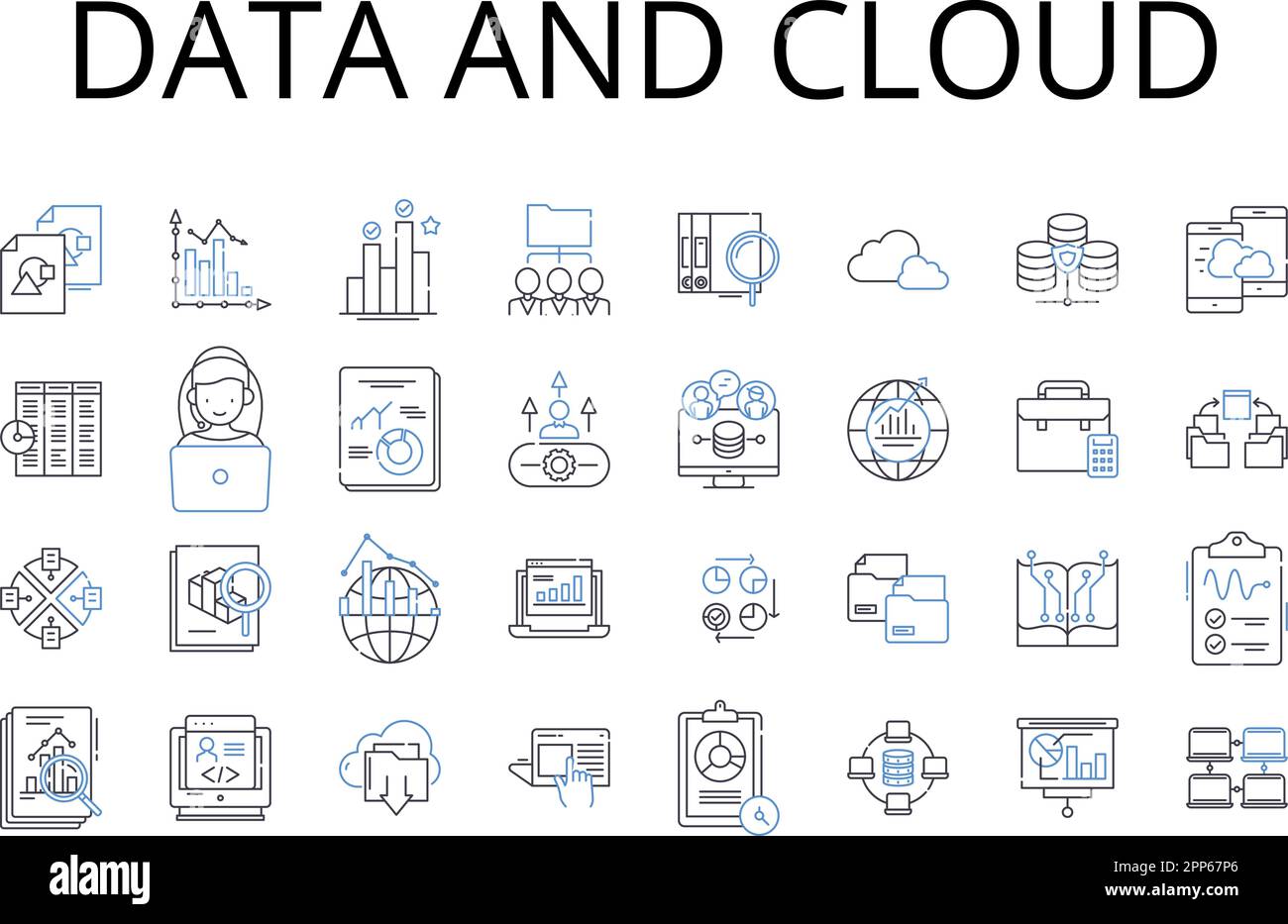 Sammlung von Daten- und Cloud-Line-Symbolen. Analysen und Erkenntnisse, Innovation und Fortschritt, Content und Marketing, Nerking und Konnektivität, Zusammenarbeit Stock Vektor