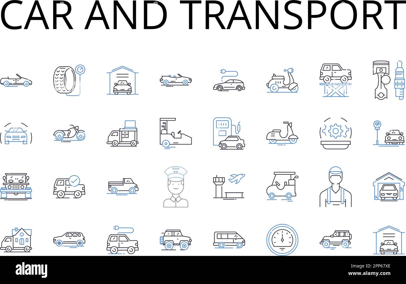 Icons-Kollektion für Autos und Transportlinien. Automobil, Fahrzeug, Lkw, Van, Bus, Motorrad, Motorrad-Vektor und lineare Darstellung. Roller, Wohnwagen, Wohnmobil Stock Vektor