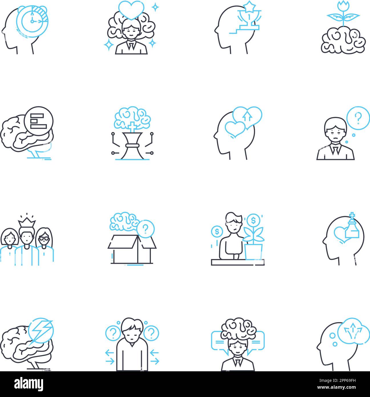 Lineare Symbole für kognitive Reparatur festgelegt. Neurowissenschaften, Achtsamkeit, Kognitive Rehab, Resilienz, Neurale Plastizität, Emotionale Intelligenz, Neuroplastizität Stock Vektor