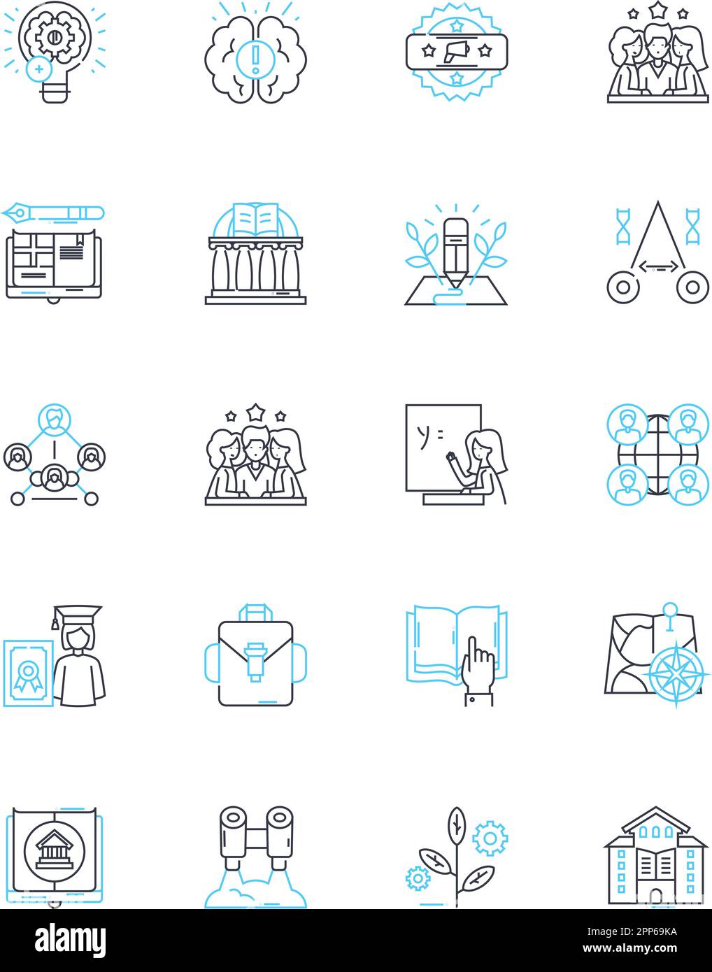 Intelligente lineare Symbole für Hochschulen. Sachkundig, innovativ, einfallsreich, vielseitig, technologisch fortschrittlich, Gehirne, futuristische Linienvektoren und Stock Vektor