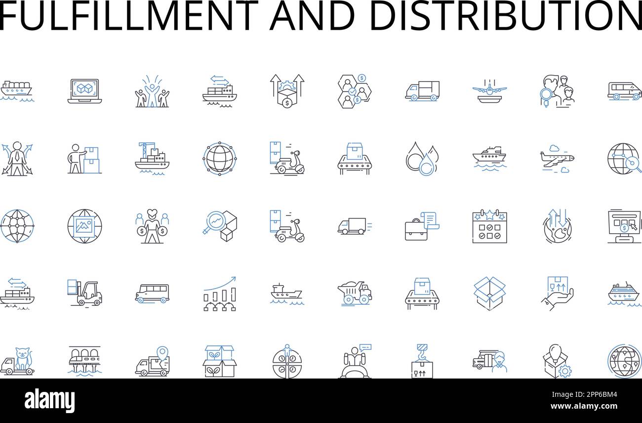 Symbolsammlung für Fulfillment- und Distribution-Positionen. Produktivität, Effizienz, Ergonomie, Leistung, Qualität, Zuverlässigkeit, Innovationsvektor und Stock Vektor