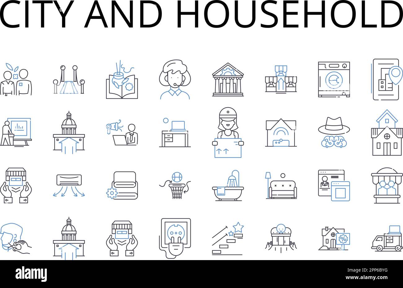 Symbolsammlung für Stadt und Haushalt. Stadtverwaltung, Metropolis, Stadtmitte, Megalopolis, Stadtverwaltung, Hauptstadt, Stadtvektor und lineare Darstellung Stock Vektor