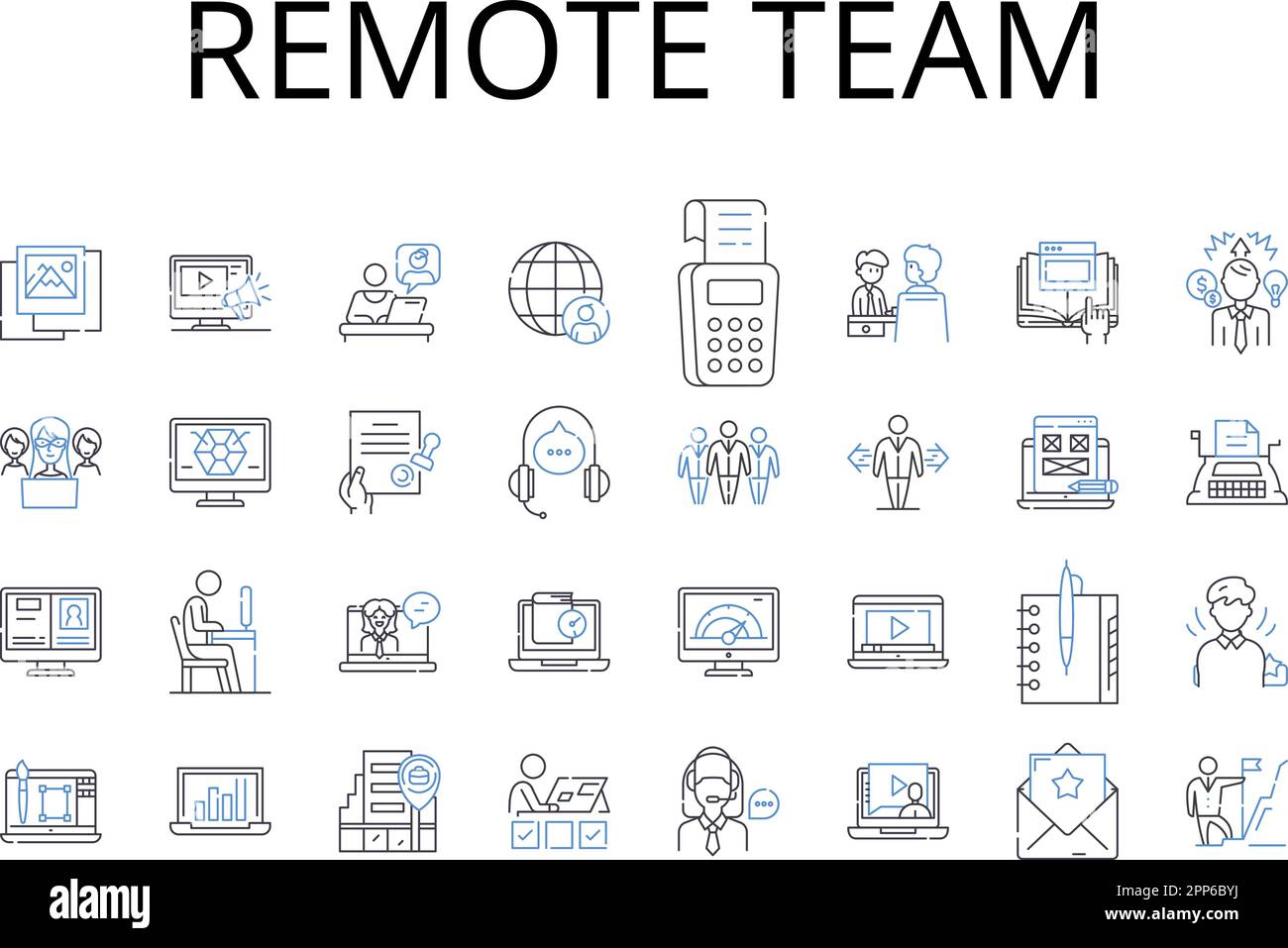 Symbolsammlung für Remote Team Line. Virtuelles Personal, entfernte Gruppe, externes Team, weit entfernte Crew, Online-Personal, Geografisch verteilte Einheit Stock Vektor
