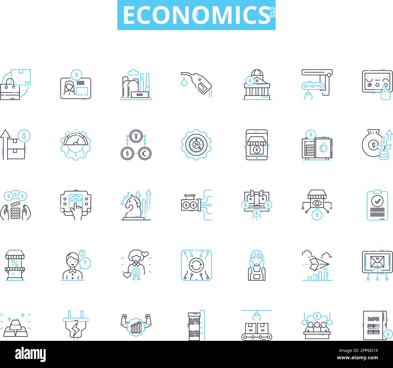 Lineare Symbole in Economics festgelegt. Inflation, Rezession, Angebot, Nachfrage, Markt, Handels-, Investitionslinienvektor- und Konzeptzeichen. Kapitalismus, Sozialismus Stock Vektor