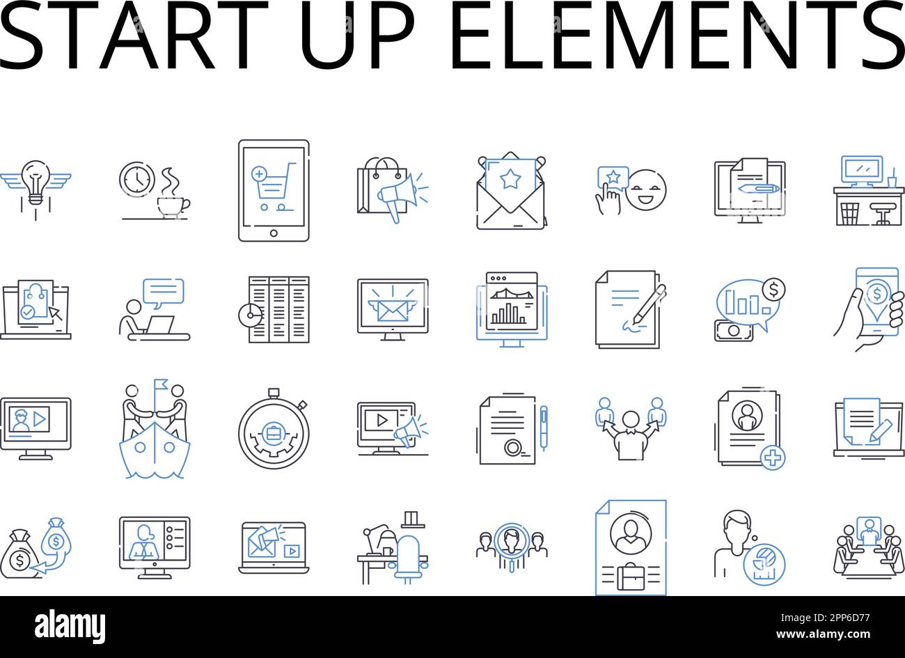Starten Sie die Sammlung der Liniensymbole für Elemente. Unternehmensstart, Anfangsphase, Betriebsbeginn, Anfangsphase, Primärphase, Starterkit, Öffnen Stock Vektor