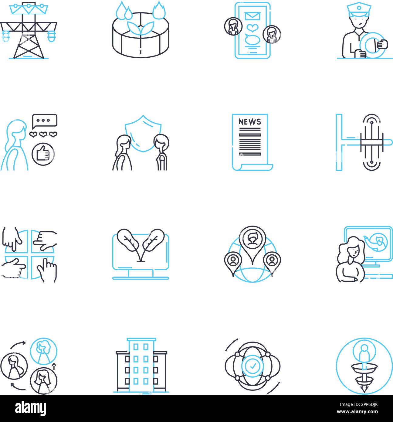 Lineare Symbole für die Interaktion mit der Community. Beteiligung, Zusammenarbeit, Beteiligung, Verbindung, Befähigung, Interaktion, Kontaktlinienvektor und Stock Vektor