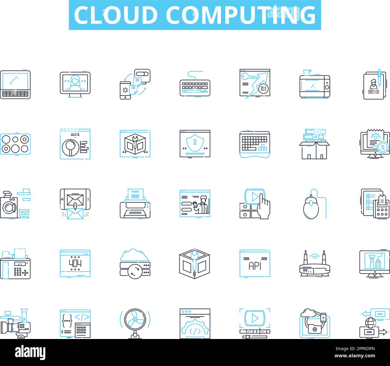Lineare Symbole für Cloud-Computing festgelegt. Speicher, Computing, Virtualisierung, Skalierbarkeit, Sicherheit, Nerk, Plattformlinienvektor und Konzeptschilder. Effizienz Stock Vektor
