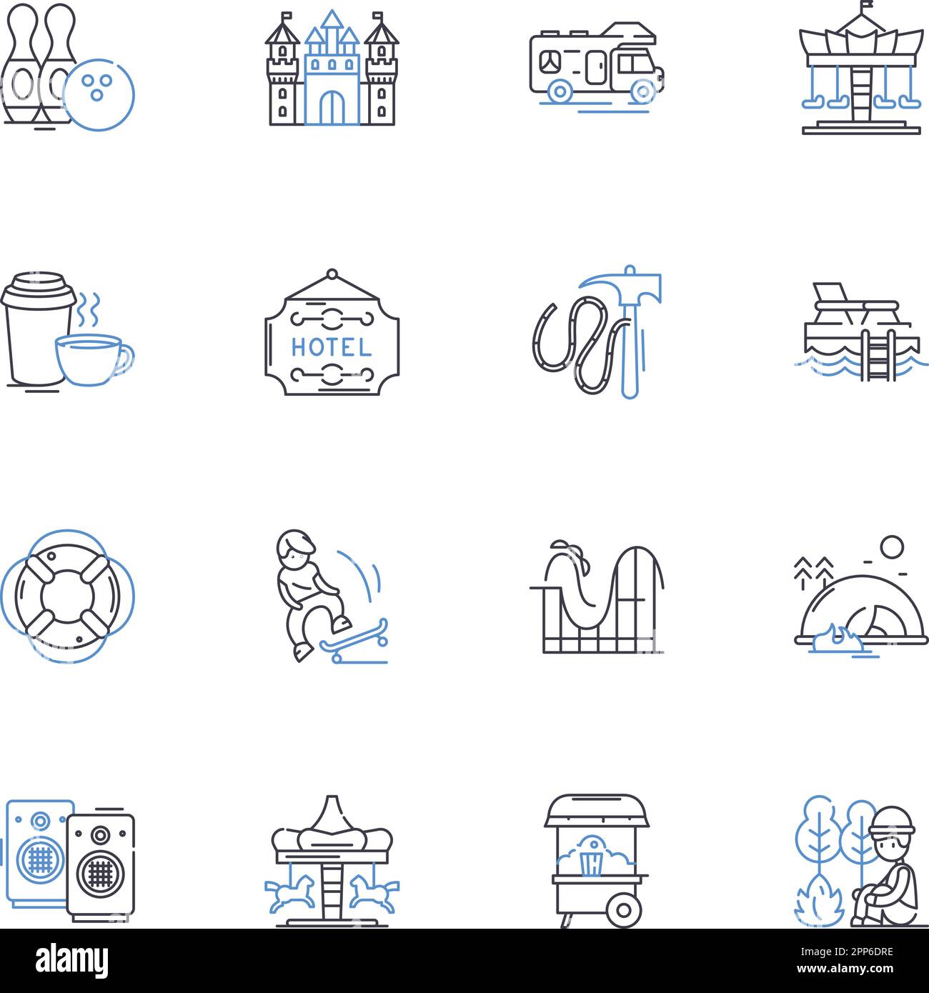 Urban Trekkers Line Icons Kollektion. Entdeckungsreise, Abenteuer, Wandern, Stadtbild, Kultur, Beton, Skyline-Vektor und lineare Darstellung. Dächer Stock Vektor