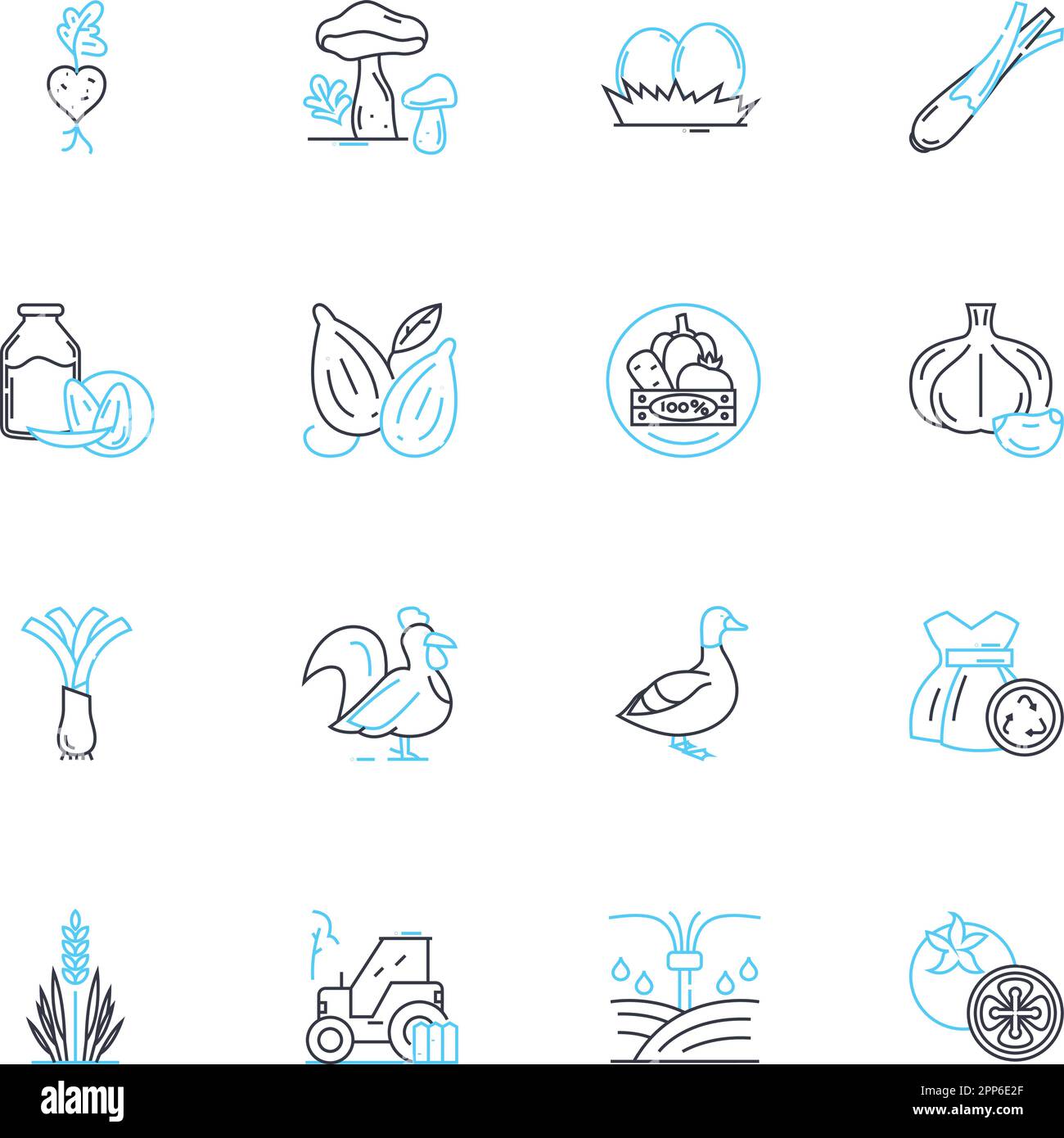 Nachhaltige Landwirtschaft – lineare Symbole gesetzt. Agroforst, Biodiversität, Kohlenstoffbindung, Kompost, Erhaltung, Fruchtfolge, trockenresistente Leitung Stock Vektor