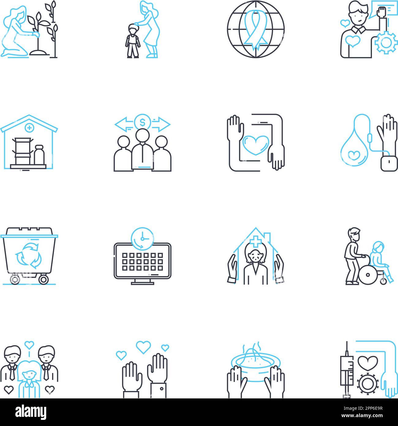 Lineare Symbole für Philanthropie gesetzt. Großzügigkeit, Humanitarismus, Altruismus, Geben, Freundlichkeit, Mitgefühl, Charity-Line-Vektor und Konzeptzeichen. Einfühlungsvermögen Stock Vektor
