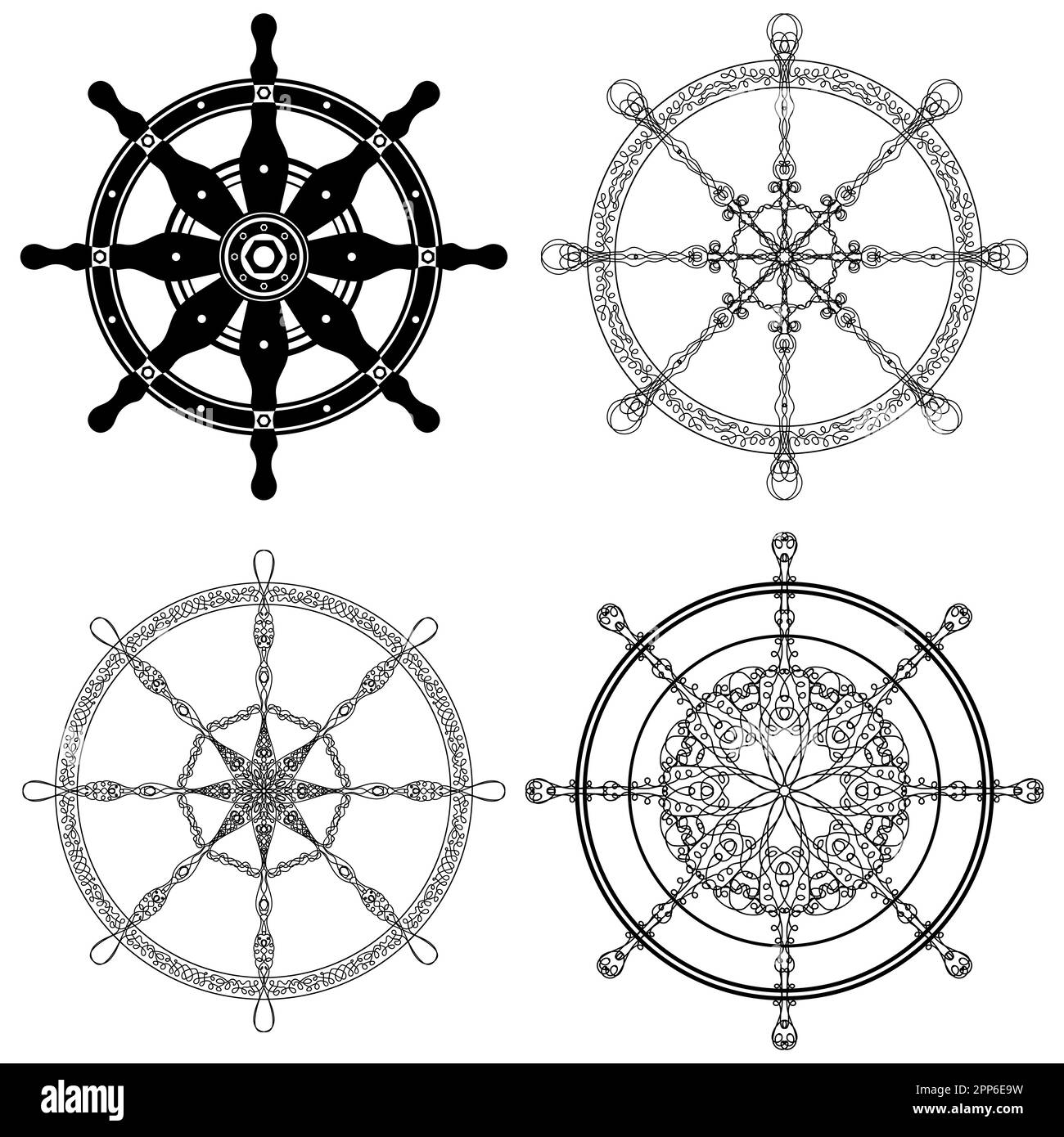 Vektorsteuerungs-Rudersymbol isoliert auf weißem Hintergrund. Schiffslenkradkonzept. Nautisches Design. Bootslogo Stock Vektor